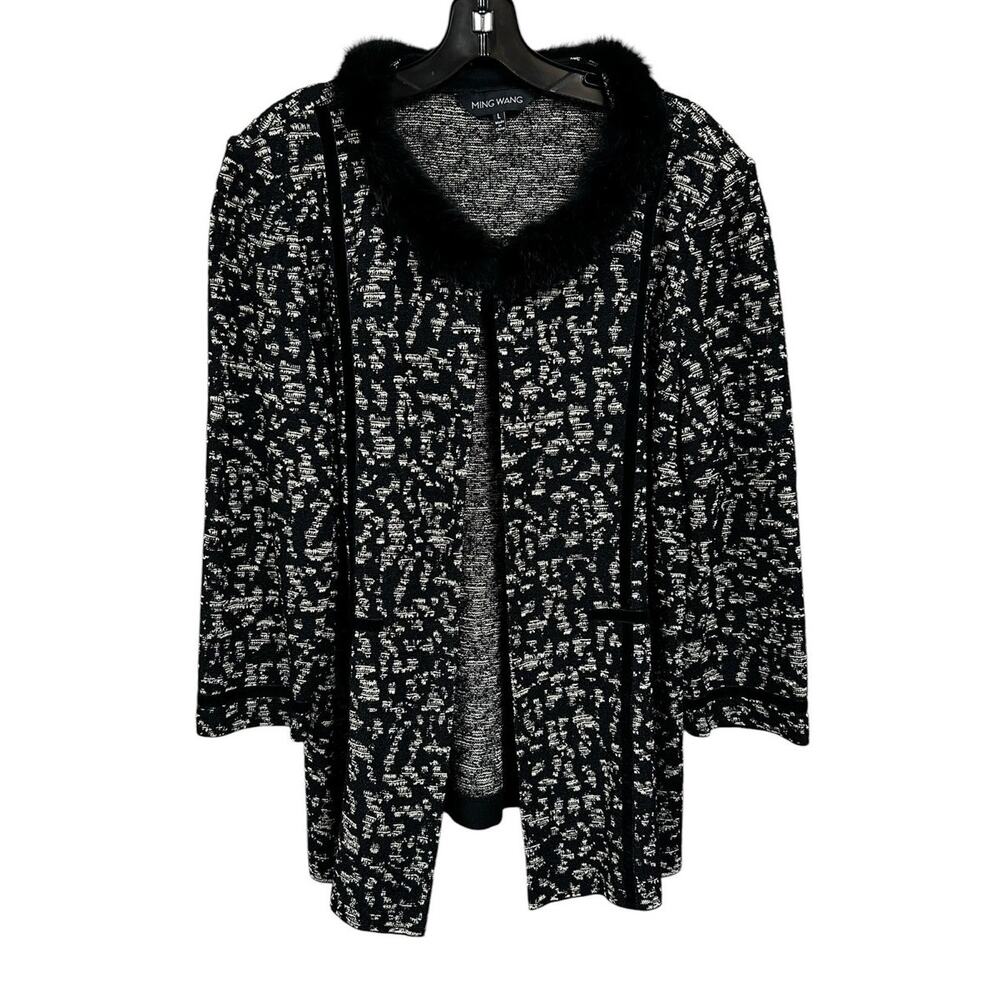 Ming Wang Black Cream Textured Angora Wool Trim Open Front Knit Jacket Large